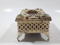 Vintage Green Polished Gemstone and Clear Rhinestone Golden Tone Metal Ornate Travel Bedroom Small Tissue Holder 3" 1/4" x 5"