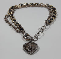 Small Heart Pendant with Black and Gold Tone Metal Bracelet 6 1/2" Long