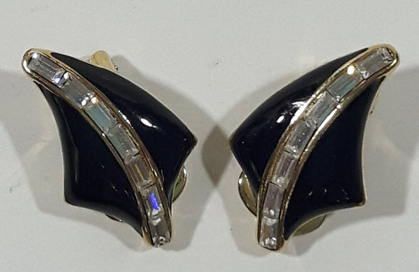Vintage Black Enamel Rectangular Cut Clear Gemstones Gold Tone Clip On Earrings