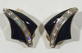 Vintage Black Enamel Rectangular Cut Clear Gemstones Gold Tone Clip On Earrings