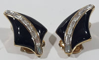 Vintage Black Enamel Rectangular Cut Clear Gemstones Gold Tone Clip On Earrings