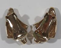 Vintage Black Enamel Rectangular Cut Clear Gemstones Gold Tone Clip On Earrings