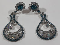 Vintage Blue and Clear Sparkling Rhinestone Dangling Pin Back Earrings