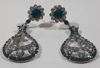 Vintage Blue and Clear Sparkling Rhinestone Dangling Pin Back Earrings