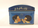 1999 Vintage Style Hershey's Kisses Milk Chocolate Snacks "A Kiss For You" Boy and Girl Blue Metal Tin Hinged Container Faded
