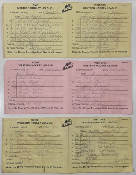 2010 2011 WHL Western Hockey League Starting Line-Up Vancouver Giants Vs Prince George Cougars, Brandon Wheat Kings, and Everett Silvertips Lot of 3 Game Papers Signed by Official Scorer Yellow/Pink