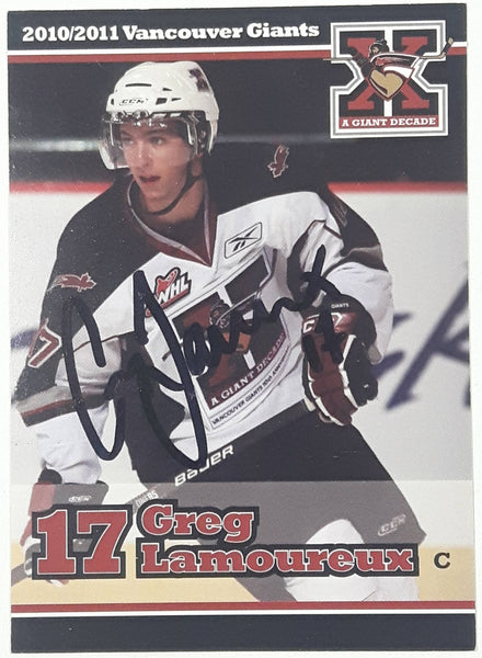 2010 2011 WHL Vancouver Giants Greg Lamoureux #17 C 2 1/2" x 3 1/2" Paper Card Signed Autograph