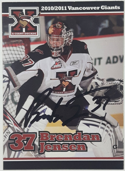 2010 2011 WHL Vancouver Giants Brendan Jensen #37 Goalie 2 1/2" x 3 1/2" Paper Card Signed Autograph