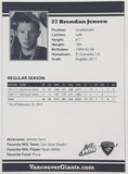 2010 2011 WHL Vancouver Giants Brendan Jensen #37 Goalie 2 1/2" x 3 1/2" Paper Card Signed Autograph