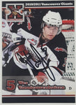 2010 2011 WHL Vancouver Giants Wes Vannieuwenhuizen #5 D 2 1/2" x 3 1/2" Paper Card Signed Autograph