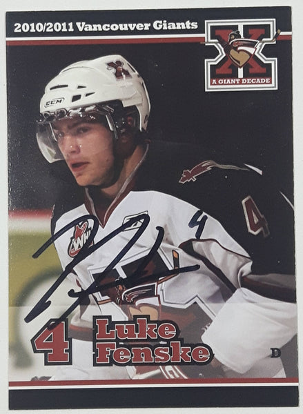 2010 2011 WHL Vancouver Giants Luke Fenske #4 D 2 1/2" x 3 1/2" Paper Card Signed Autograph