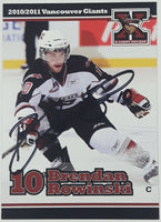 2010 2011 WHL Vancouver Giants Brendan Rowinski #10 C 2 1/2" x 3 1/2" Paper Card Signed Autograph