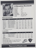 2010 2011 WHL Vancouver Giants Brendan Rowinski #10 C 2 1/2" x 3 1/2" Paper Card Signed Autograph