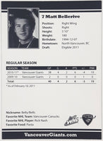 2010 2011 WHL Vancouver Matt Bellerive #7 RW 2 1/2" x 3 1/2" Paper Card Signed Autograph