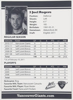 2010 2011 WHL Vancouver Joel Rogers #3 D 2 1/2" x 3 1/2" Paper Card Signed Autograph