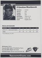 2010 2011 WHL Vancouver Jordan Martinook #25 C 2 1/2" x 3 1/2" Paper Card Signed Autograph