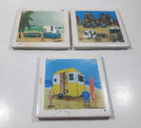 Set of 3 Camper Trailer RV Camping Scenes 4 1/4" x 4 1/4" Ceramic Tile Trivets