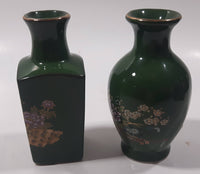 Vintage Asahi Japan Peacock and Flower Themed Green Miniature 3 3/4" Bud Vases Set of 2