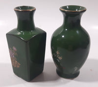 Vintage Asahi Japan Peacock and Flower Themed Green Miniature 3 3/4" Bud Vases Set of 2