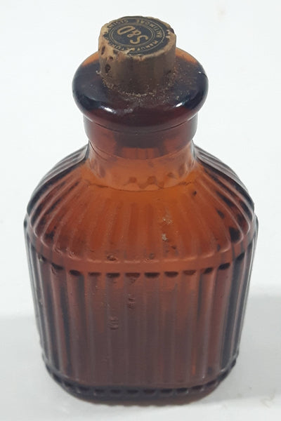 Antique S&D Medicine Drugs Miniature 3 1/4" Tall Amber Brown Glass Bottle with Cork Lid
