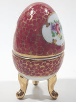 Vintage D.N & E.I. Flower Themed Gold Trimmed Red Pink Gold Trimmed Decorative 3 1/2" Footed Porcelain Egg Trinket Box