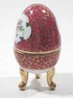 Vintage D.N & E.I. Flower Themed Gold Trimmed Red Pink Gold Trimmed Decorative 3 1/2" Footed Porcelain Egg Trinket Box
