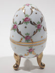 Vintage D.N & E.I. Flower Themed Gold Trimmed White Gold Trimmed Decorative 3 1/2" Footed Porcelain Egg Trinket Box