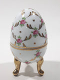 Vintage D.N & E.I. Flower Themed Gold Trimmed White Gold Trimmed Decorative 3 1/2" Footed Porcelain Egg Trinket Box