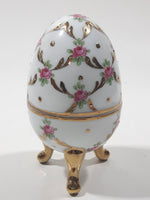 Vintage D.N & E.I. Flower Themed Gold Trimmed White Gold Trimmed Decorative 3 1/2" Footed Porcelain Egg Trinket Box