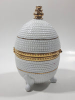 Vintage Bubble Texture Gold Tone Trimmed White 5 1/2" Tall Footed Egg Trinket Box