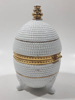 Vintage Bubble Texture Gold Tone Trimmed White 5 1/2" Tall Footed Egg Trinket Box