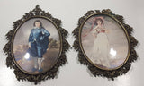 Vintage Mid Century Blue Boy and Pinkie Girl Ornate 6 3/4" x 9 1/2" Metal Bowed Glass Picture Frames One Missing Top Point