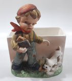 Vintage Farm Boy with White Brown Spotted Dog Porcelain Planter Memo Notepad Holder