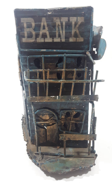 Vintage Abandoned Wild West Boom Town Ghost Town Two Story Bank Building Shaped Metal Coin Bank 8" Tall Made in Hong Kong No Plug