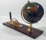 Beautiful 5" Tall Dark Blue with Mother of Pearl and Semi-Precious Gems Gemstones Earth World Map Rotating Globe Clock and Pen Holder On Wood Base