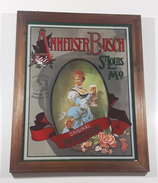 Vintage Anheuser Busch Original Budweiser 16" x 20" Wood Framed Advertising Mirror - Pub, Lounge, Man Cave Collectible