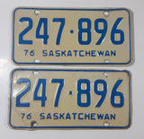 Set of Matching Vintage 1976 Saskatchewan Blue Lettering White Vehicle License Plate Metal Tags 247 896