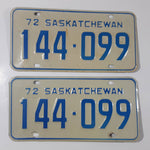 Set of Matching Vintage 1972 Saskatchewan Blue Lettering White Vehicle License Plate Metal Tags 144 099