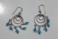 Concentric Circles Small Turquoise Blue Bead Dangling Drop Earrings