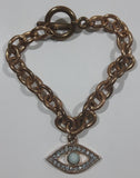 Vintage Copper Chain Bracelet with Sparkling Rhinestone and Light Foam Green Bead Eye Shaped Pendant Charm