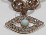 Vintage Copper Chain Bracelet with Sparkling Rhinestone and Light Foam Green Bead Eye Shaped Pendant Charm