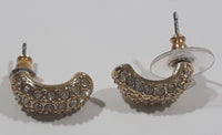 Clear Sparkling Rhinestone Curved Crescent Shaped Gold Tone Metal Earrings