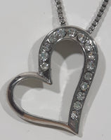Clear Rhinestone Offset Dangling Heart 18" Long Metal Necklace