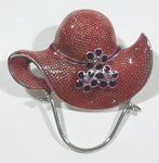 Dark Pink and Pink Rhinestone Pink Victorian Style Hat Metal Brooch Pin