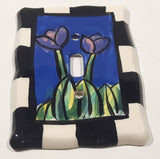 Handpainted Purple Pink Flowers Black and White Checkers Border Ceramic Light Switch Cover