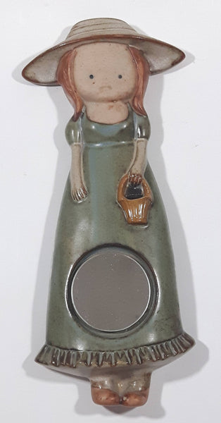 Girl Holding Basket Round Circular 1 7/8" Mirror 9 3/4" Tall Pottery Wall Figure Hanging