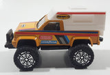 Vintage 1987 Remco 4x4 Pickup Truck RV Camper Hedman Hedders GoodYear Castrol Yellow and White Pressed Steel and Plastic Toy Car Vehicle