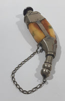 Beautiful Antique 1820s to 1830s 19th Century Gun Powder Flask Cow Horn Bone Style Encased in Metal with Chain