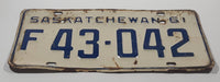 Vintage 1961 Saskatchewan Blue Letters White Metal Farm License Plate Tag 43042