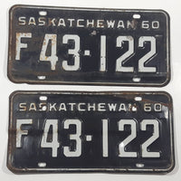 Vintage 1960 Saskatchewan White Letters Black Metal Farm License Plate Tag 43122 Set of 2